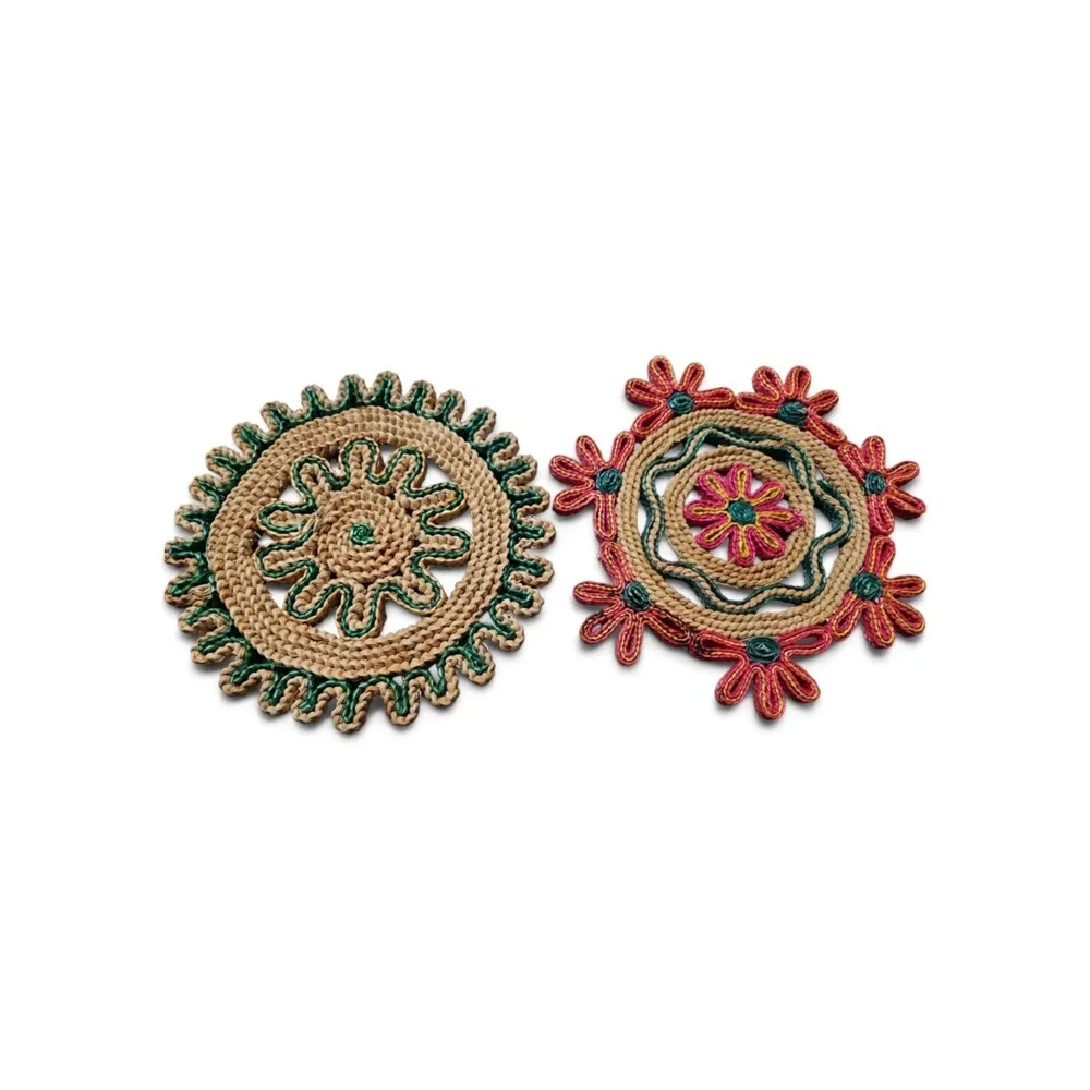 Vintage Woven Straw Trivets Set of 2 Boho Floral Jute Coasters Pink Green 0427
